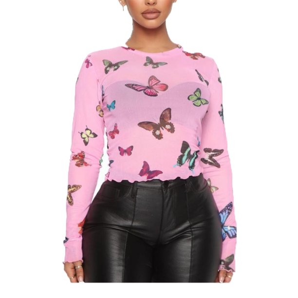 Butterfly Print Mesh T-shirts Long Sleeve See Through Summer Tops Walmart.com