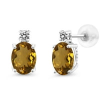 Gem Stone King 14k White Gold Whiskey Quartz and White Diamond Earrings for Women (2.13Cttw, Gemstone, Oval 8X6MM, Round 2.5MM)