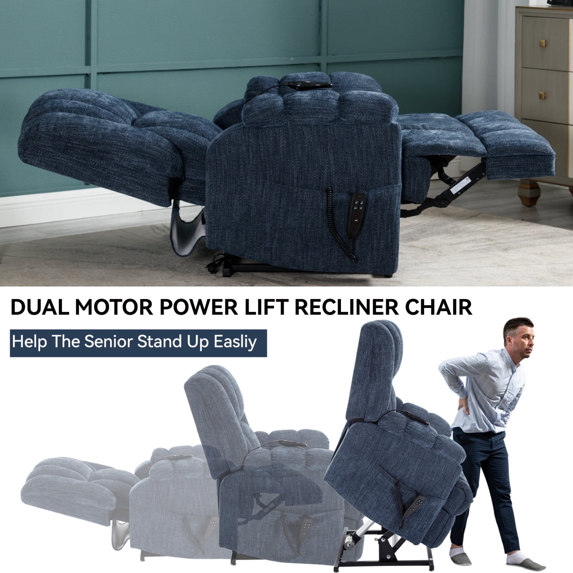 Leumius Large Power Lift Recliner Chair for Elderly,Heavy Duty Dual Motor Chenille Electric Recliners Chair with Massage and Heat for Living Room,Gray