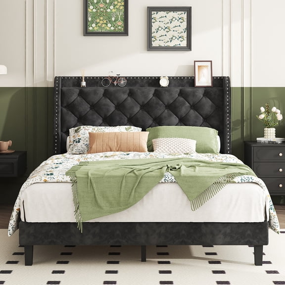 Walsunny Queen Bed Frame with Storage, Upholstered Platform Bed with Diamond Tufted Headboard and Wingbacks, Wooden Slats Support Easy Assembly, Velvet Black