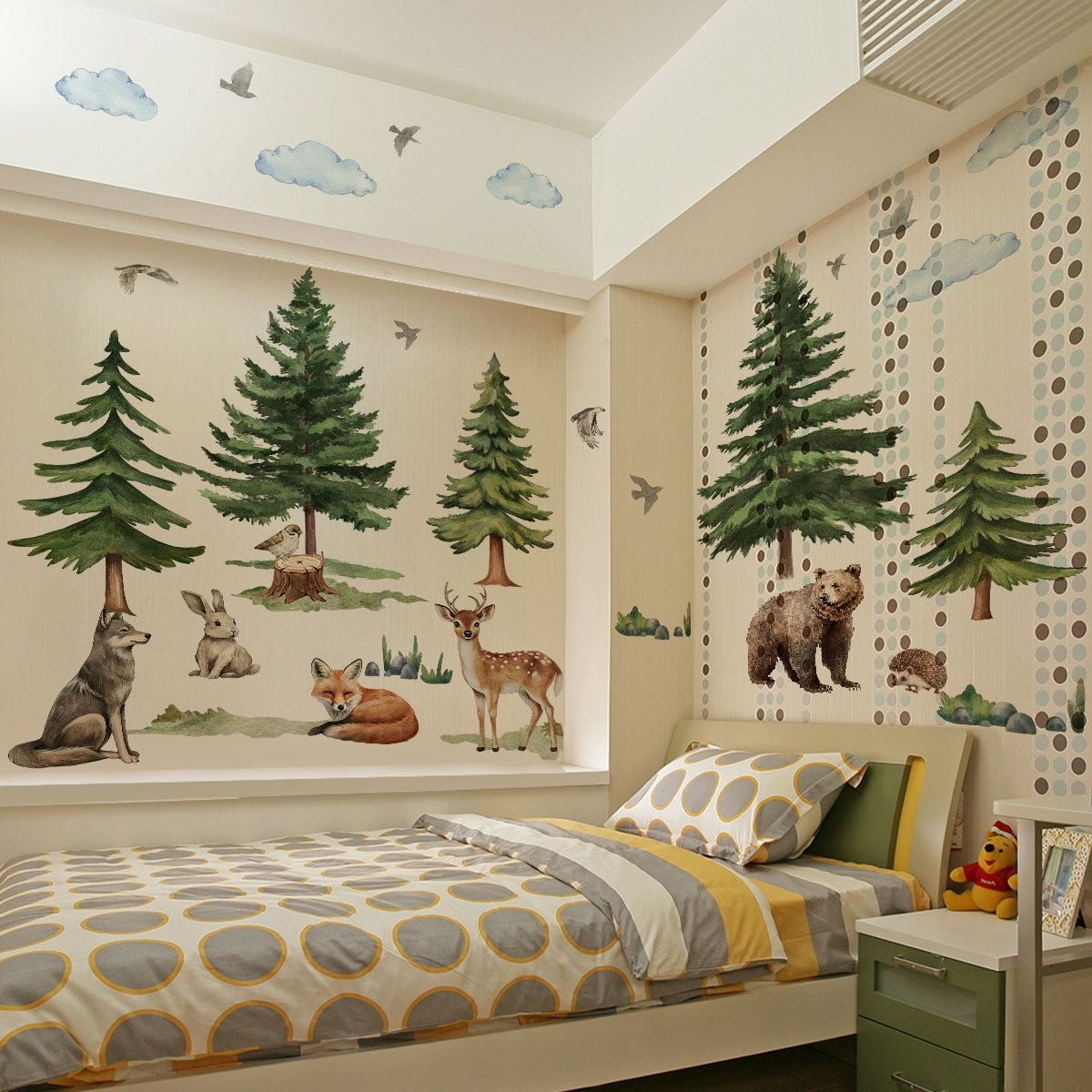 Mountain Tree owl Wall Decals Large Pine Tree Forest Animal Fox Wall Stickers Deer Wolf Wall Stickers DIY Removable Peel and Stick Wall Art Decals for Kids Room Classroom Nursery Bedroom Playroom Hom