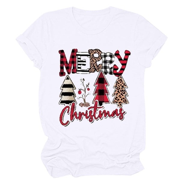 Camisas Navideñas Para Mujer Casual Cuello Redondo Manga Corta Árbol de Navidad Impreso Top Odeerbi ODB205801