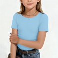 thumbnail image 3 of Resicozy Girls Shirts Cute Basic Tees Summer Ribbed Top Teens Short Sleeve Vacation T-Shirt for Kids 5-13 Years Light Blue 140, 3 of 7