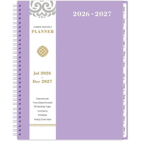 Monthly Planner 2026-2027, 18-Month Monthly Calendar From Jul 2026 to Dec 2027, 9 x 11 Inch, Tabs, Pocket, Label, Purple Cover