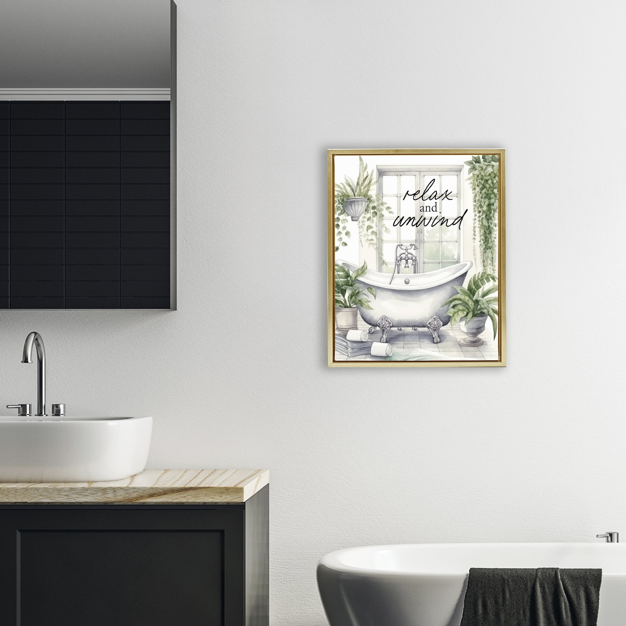 Relax Unwind Bath & Foliage Gold Framed Floater Canvas Wall Art, design by Lettered and Lined