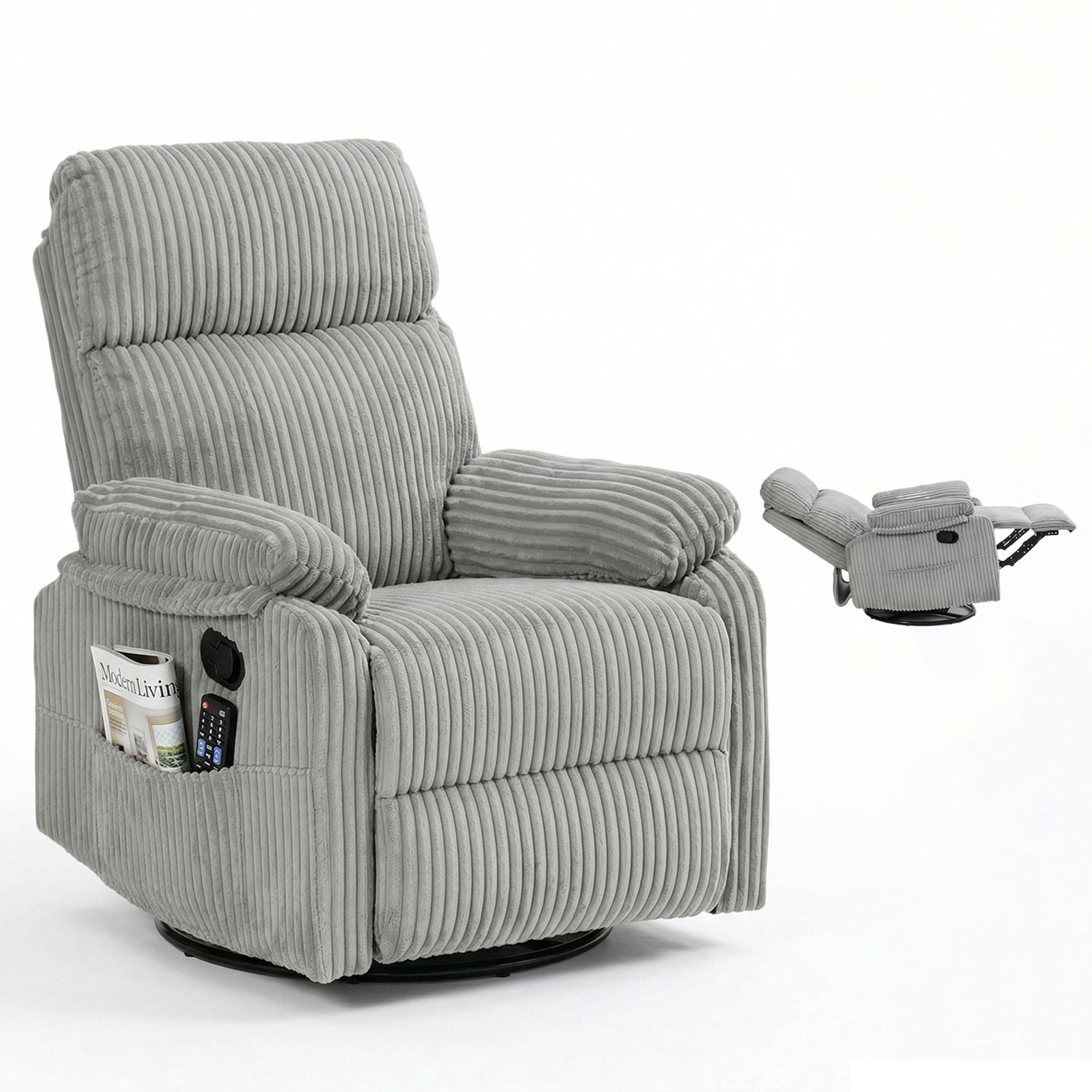 GDF Studio Louisa Compact Rocking Recliner for Nursery & Small Spaces, Modern Corduroy 360° Swivel Chair, Light Gray