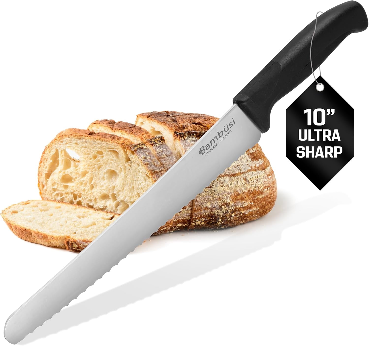 Bambusi 10 Inch Serrated Bread Knife, Stainless Steel Bread Knife with Ergonomic Handle for Homemade Bread