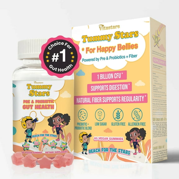 Tummy Stars Kids Prebiotic & Probiotic Gummies   Fiber – Gut Health & Digestion Support for Kids | Promotes Regularity, Detox Support & Mood Support | Vegan, 60 Count