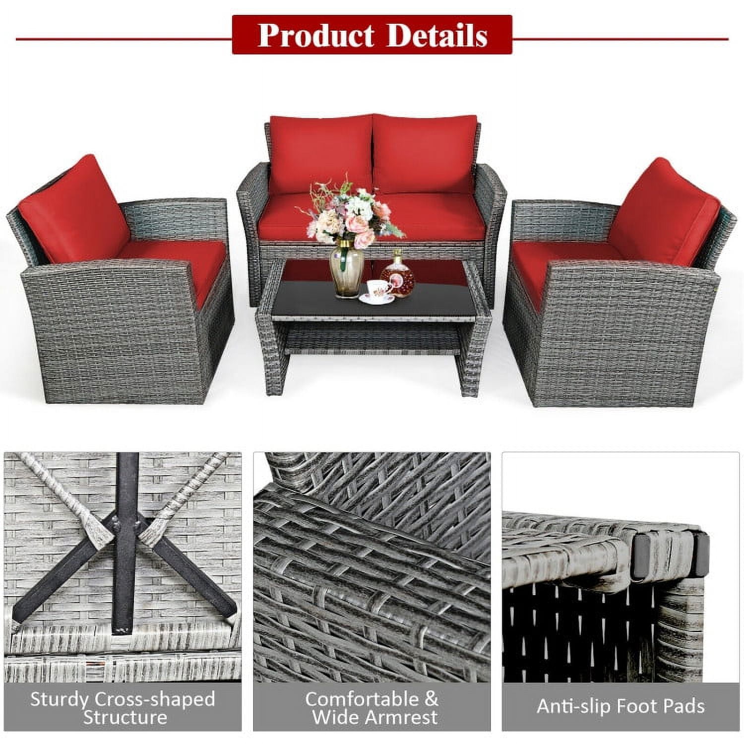 Aimee Lii 4 Pieces Wicker Patio Furniture Set Sofa Table with Storage Shelf Cushion, Modern Patio Furniture, Red Aimee Lii 4 Pieces Wicker Patio Furniture Set Sofa Table with Storage Shelf Cushion, Modern Patio Furniture, Red