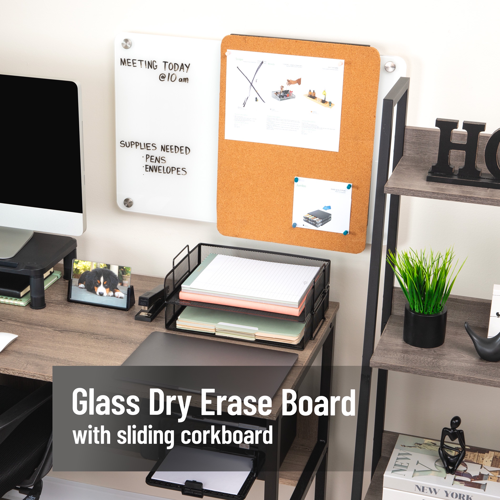 Mind Reader Glass Dry Erase Board with Sliding Corkboard, Wall Mounted Combination Whiteboard and Bulletin Board, 28" x 19.5"