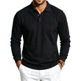 thumbnail image 2 of Long Sleeve Waffle Knit Polo Shirt For Men Chest Pocket Solid Color Business Casual Golf Top, 2 of 4