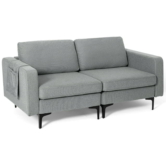 Costway Causeuse Moderne en Tissu de Lin Canapé 2 Places avec Pochette de Rangement Latérale Gris Foncé
