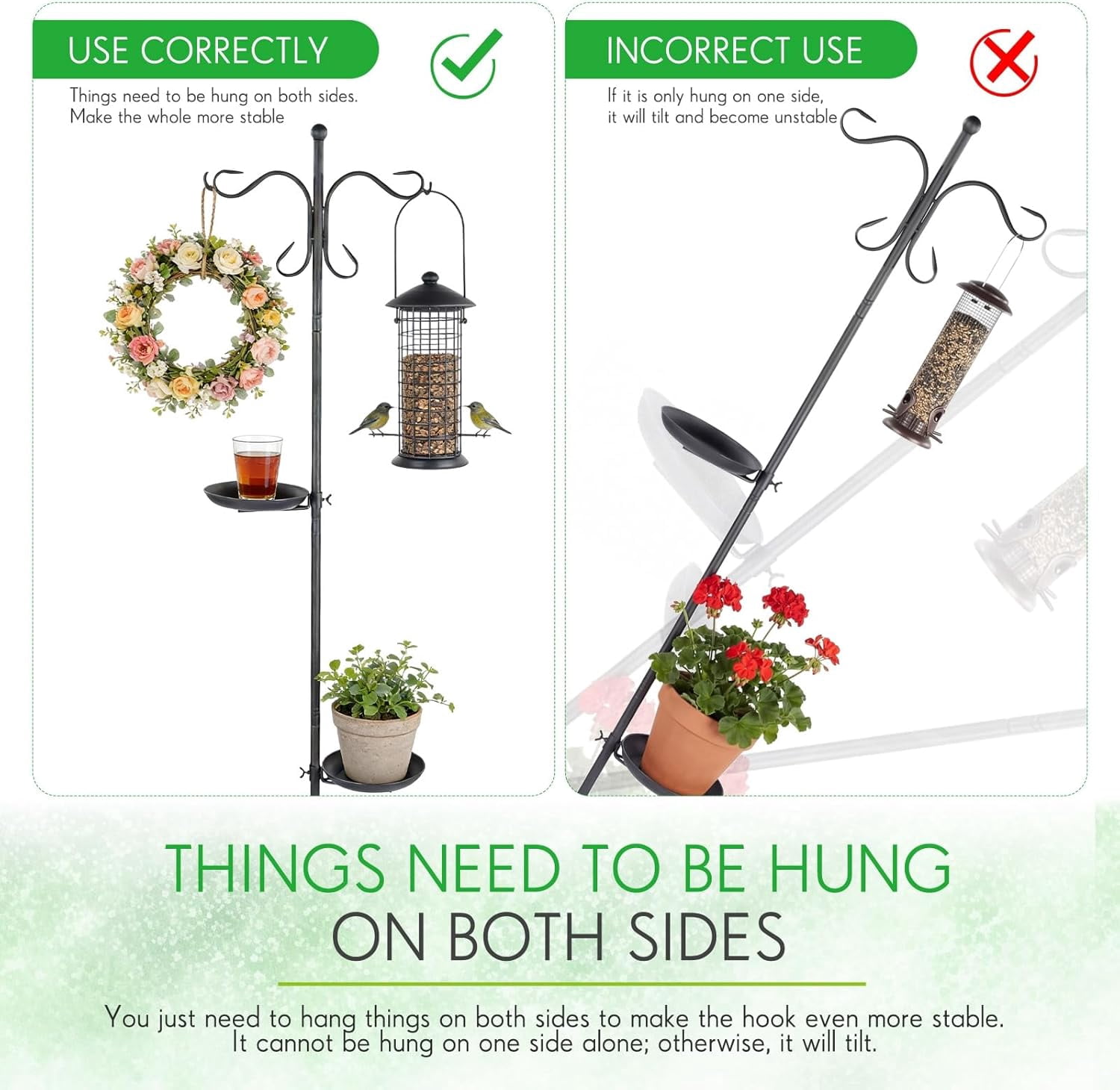 1 Set Upgraded 75.9" Shepherds Hook for Bird Feeder, Hanging Plant Wind Chime Stand, Metal Adjustable Standing Pole Holder for Indoor Outdoor, with 2 Rack & Weight Bag (2 Hooks)