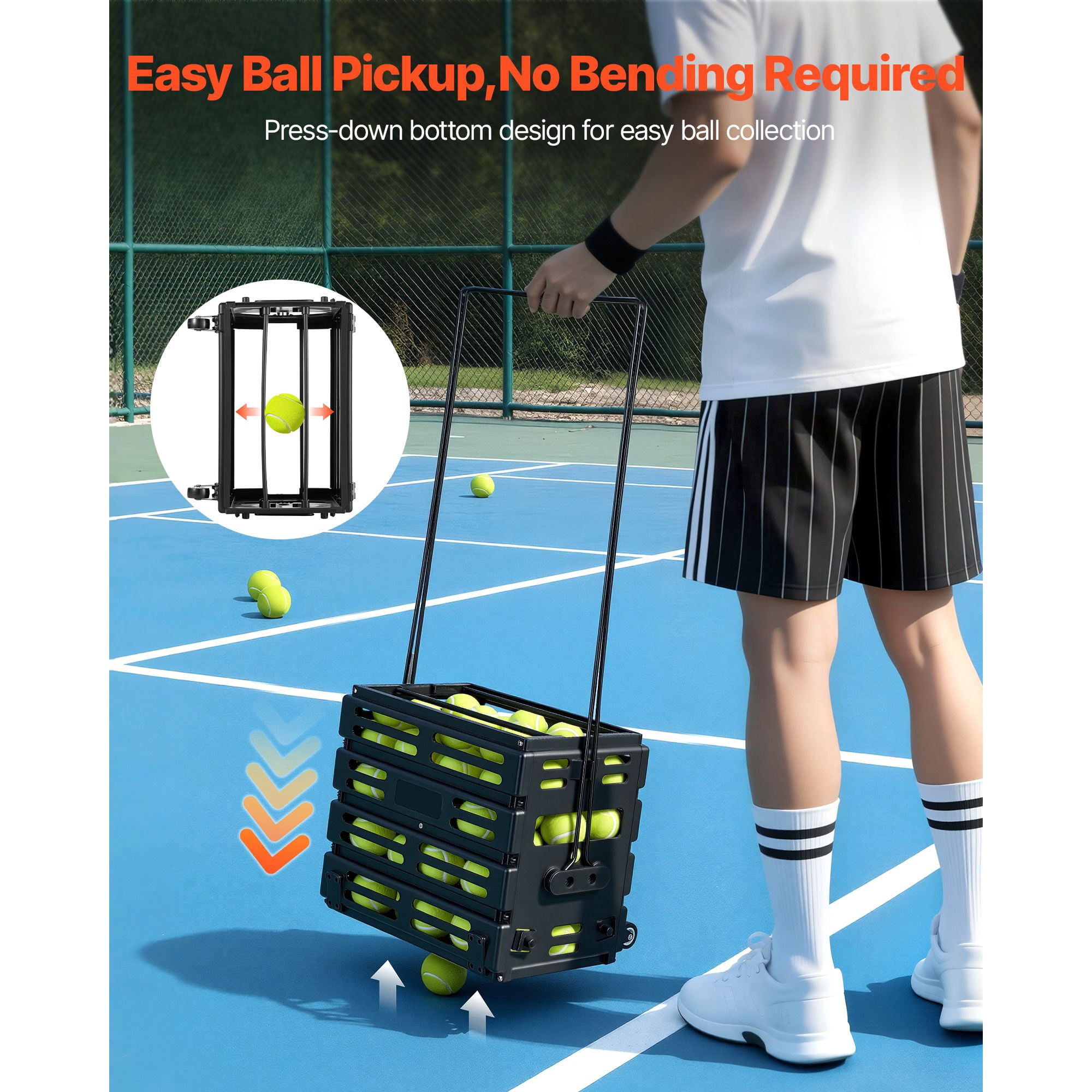 Tennis and Pickleball funnels can hold up to 80 balls, with a wheeled basket cart for heavy convenient collection for training storage