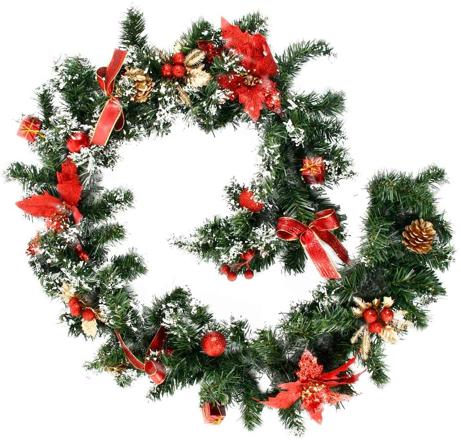 6FT Christmas Garland with Pine Cones Red Bow Decorations, Realistic