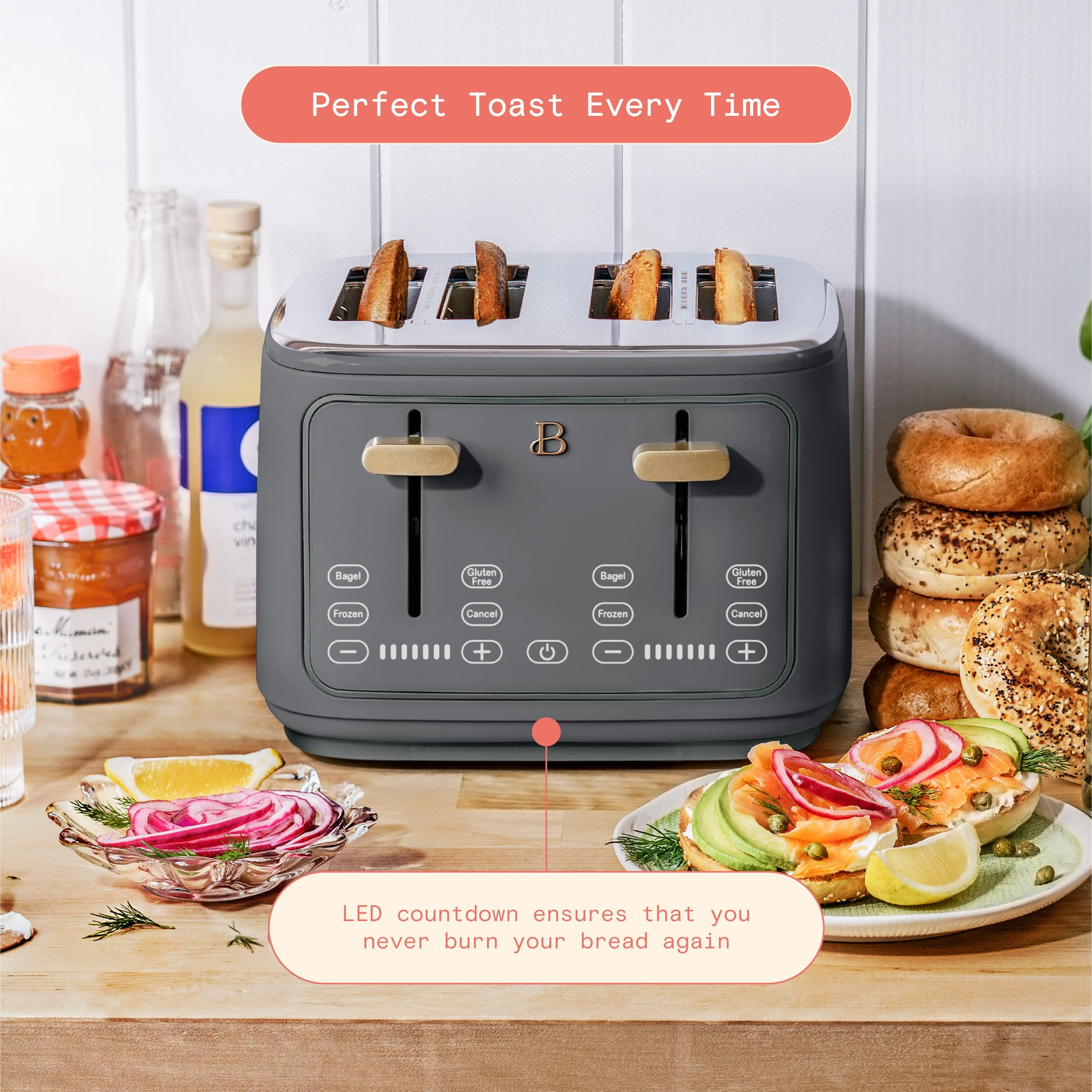 Beautiful 4-Slice Toaster with Touch-Activated Display, Oyster Gray by Drew Barrymore