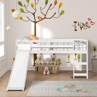 SEVENTH Kids Loft Twin Bed, Wood Low Loft Beds with Slide, Wood Twin Low Loft Bunk Kids Bed Bedroom with Guard Rail, Ladder, Classic Modern Loft Bed, Heavy Duty Bunk Bed Frame for Kids, White, Q351