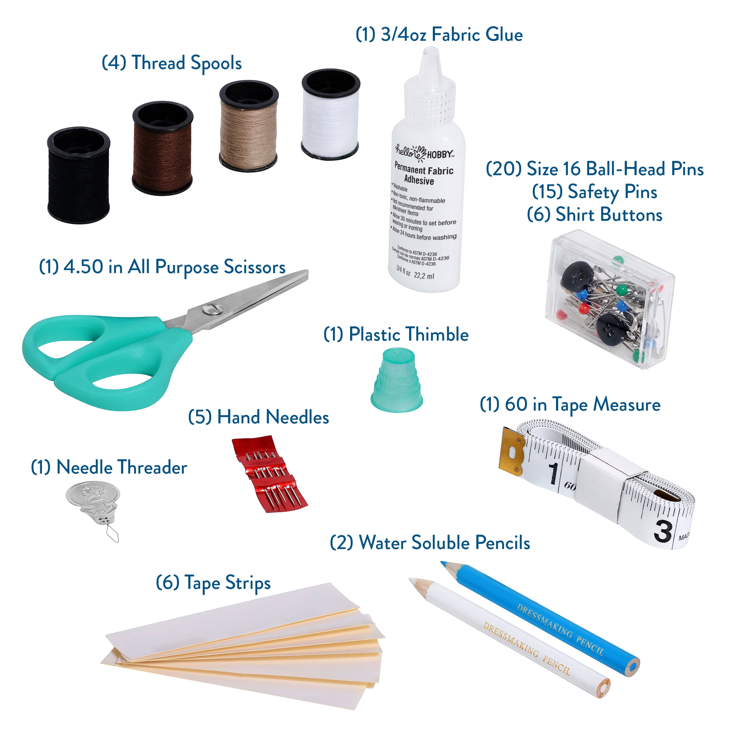 Hello Hobby Sew Kit Essentials with Storage Case, 64 Pieces, Teal