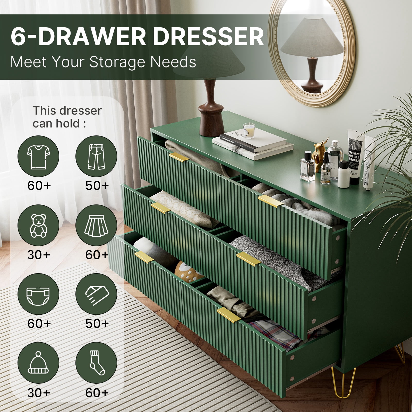 Furniway Modern 6-Drawer Dresser for Bedroom, Green, 29.5 x 15.7 x 47.2 Inches