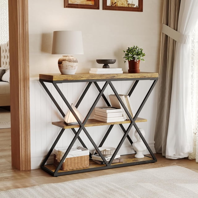 39In 3-Tier Entryway Table with Storage - X-Shaped Metal Frame for Living Room Hallway - Brown