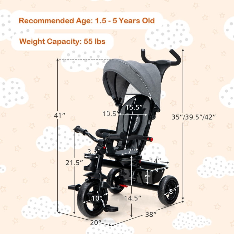 Spaco 4-in-1 Baby Tricycle Toddler Trike with Convertible Seat-Gray, Compact Stroller for Infant & Toddler