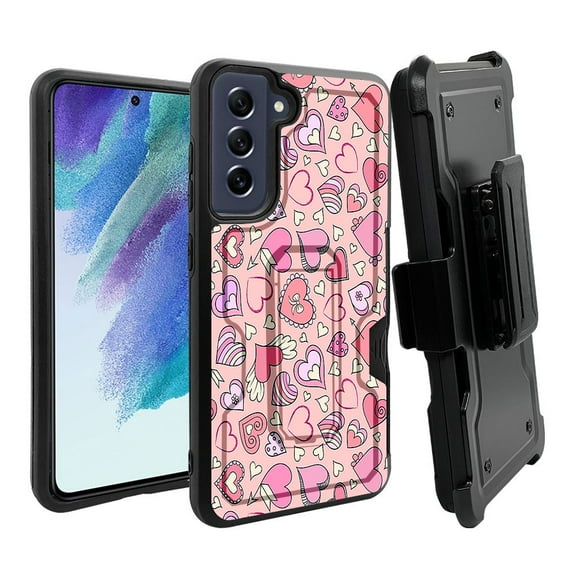ANJ  Rugged Dual Layer Shockproof Holster Case w/Card Slot   Tempered Glass Cover for Samsung Galaxy S21 FE 5G - Candy Hearts