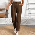 thumbnail image 2 of Cotton Linen Pants Drawstring Elastic Waist Straight Leg Trousers Trendy Casual Loose Pant With Pockets (L, Brown), 2 of 5