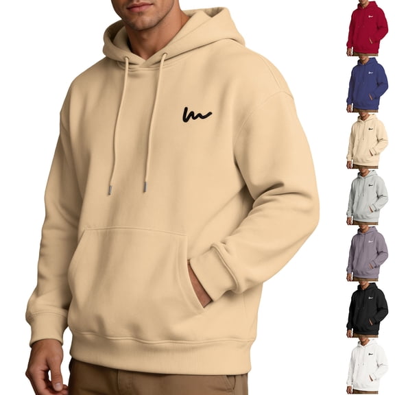 Men Fall Winter Basic Hooded Sweatshirt Solid Color Long Sleeved Loose Pullover Sweater with Pockets Casual Sports Workout Hoodies for Men