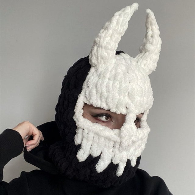Gorro de lana gruesa de punto hecho a mano con orejas de conejo grandes, estilo Spice Girl, dulce y fresco, máscara de Devil Angle