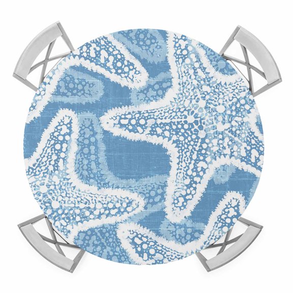 Blue Starfish Round Table Cover, Coastal Summer Ocean Beach Nautical Modern Waterproof Fitted Tablecloths for 45"-54" Tables, Washable Picnic Table Cover for Camping Dining Indoor Outdoor