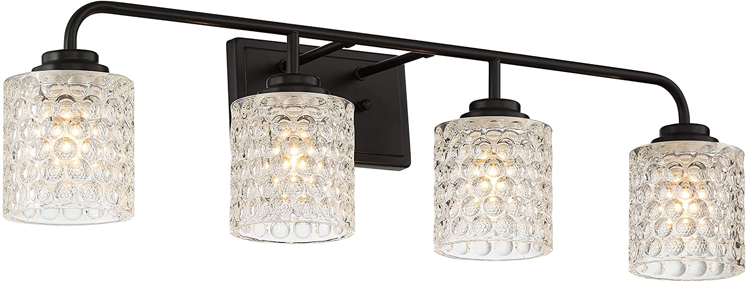 Vanity Art Elegant Cut Crystal Glass 4 Lights Bath Vanity Light for Over Mirror Hallway Living Room | Modern Wall Lighting with Clear Glass Shade Bathroom Light Fixtures W5004BK-C01