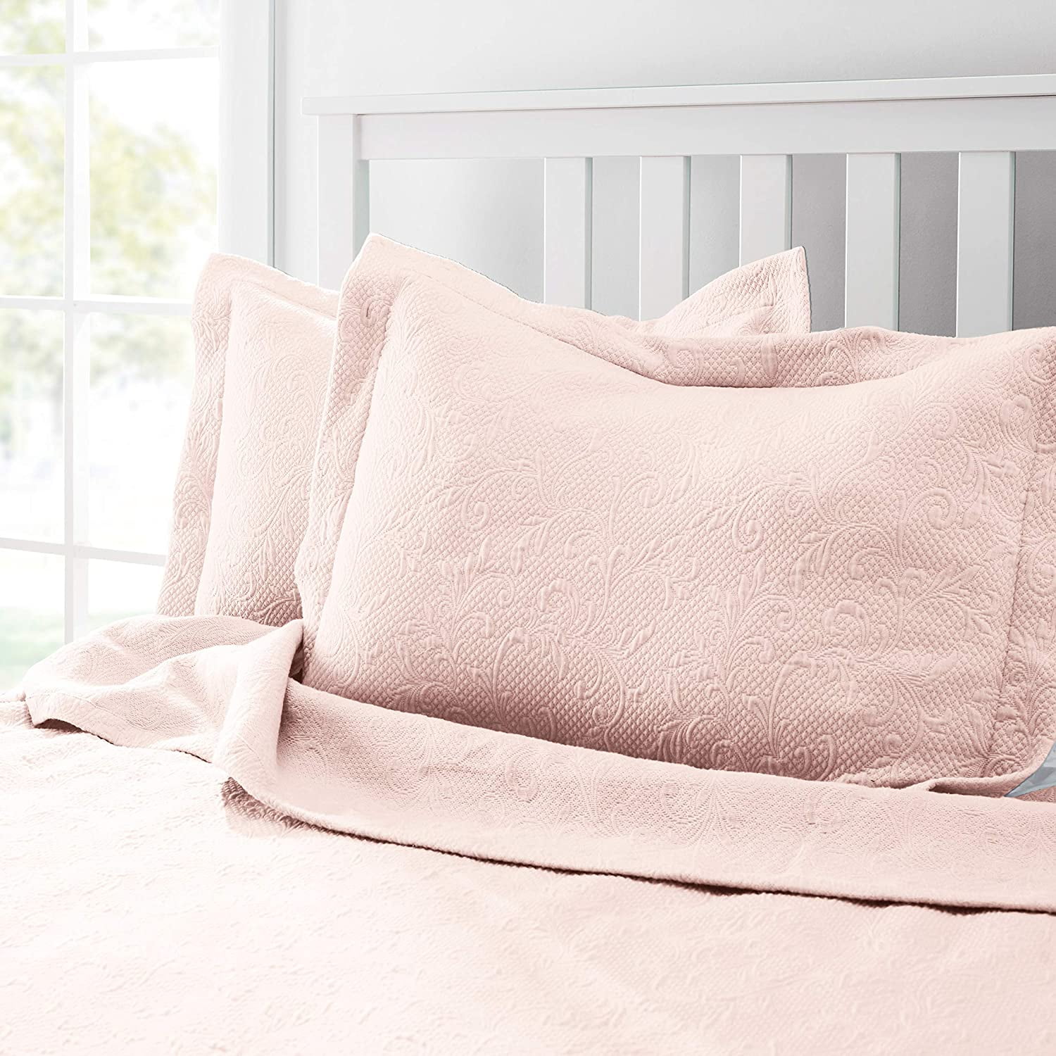 Royal Borough Luxuriously-Textured 100% Cotton Matelasse 3 Piece. Solid Color Coverlet Set with Shams (Blush, King)