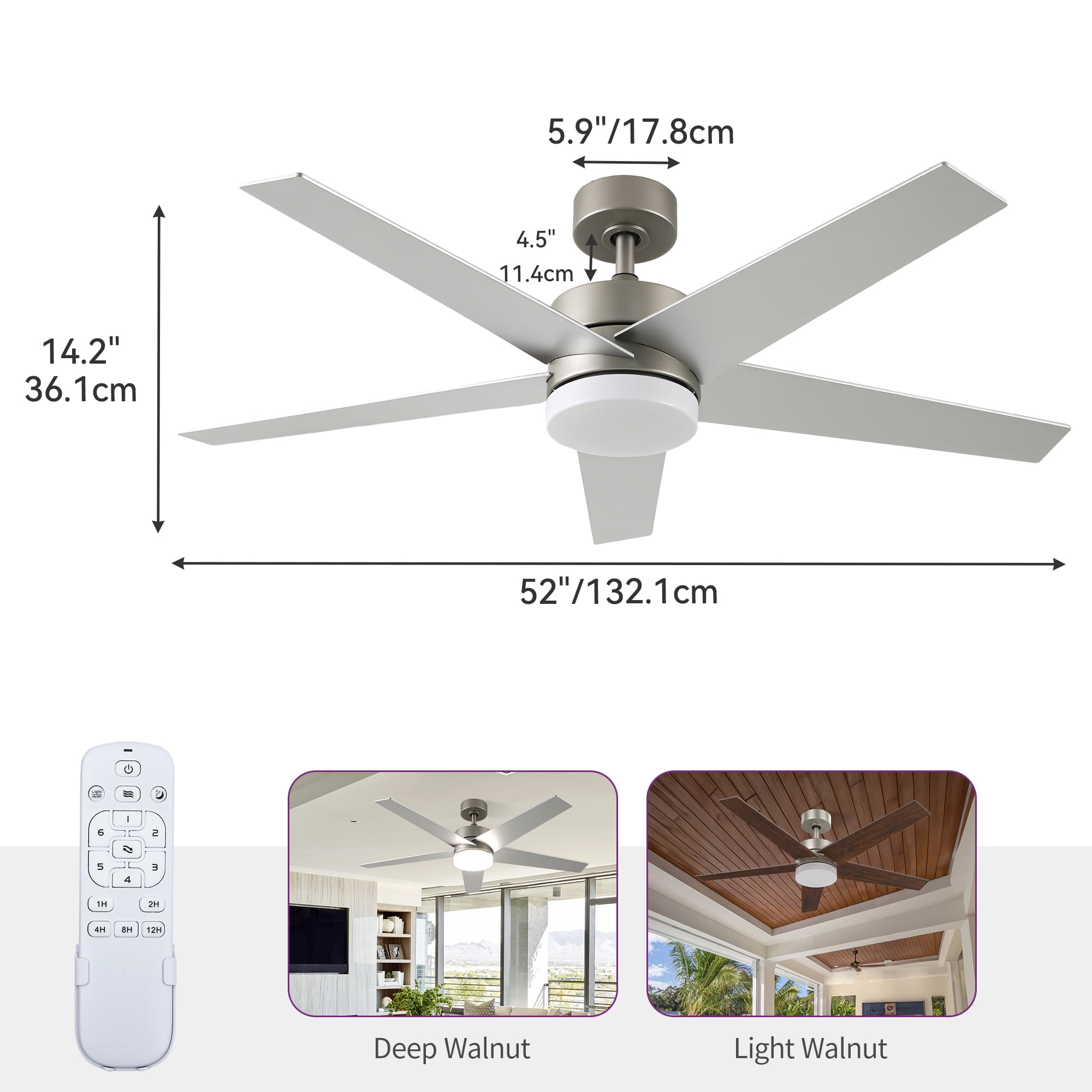 Uforic 52" Modern Ceiling Fan with 5-Blade Ceiling Fan with Dimmable Tri-Color Light for Bedroom, Living Room, Silver