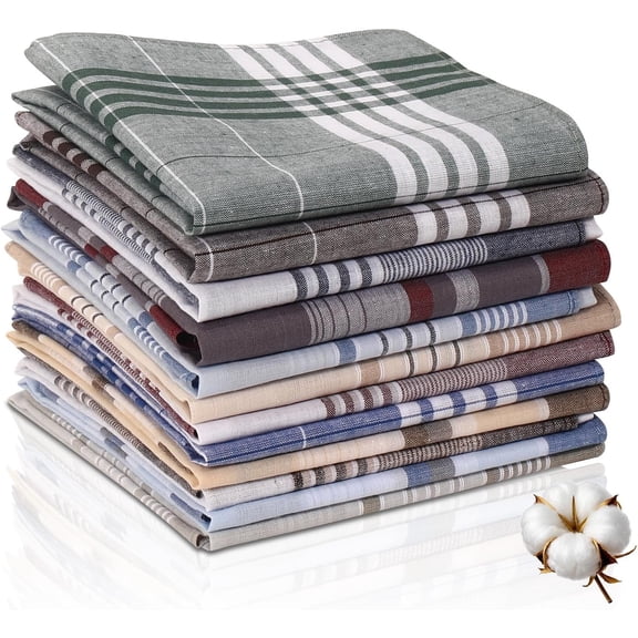 12 Pack Men's Handkerchiefs 100% Cotton, 16 Inch Large Checkered Pocket Square Handkerchiefs for Men