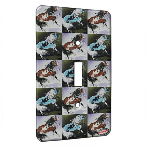 KuzmarK™ Single Gang Toggle Switch Wall Plate - Bay Overo Pinto Indian War Pony Horse Pattern Art by Denise Every