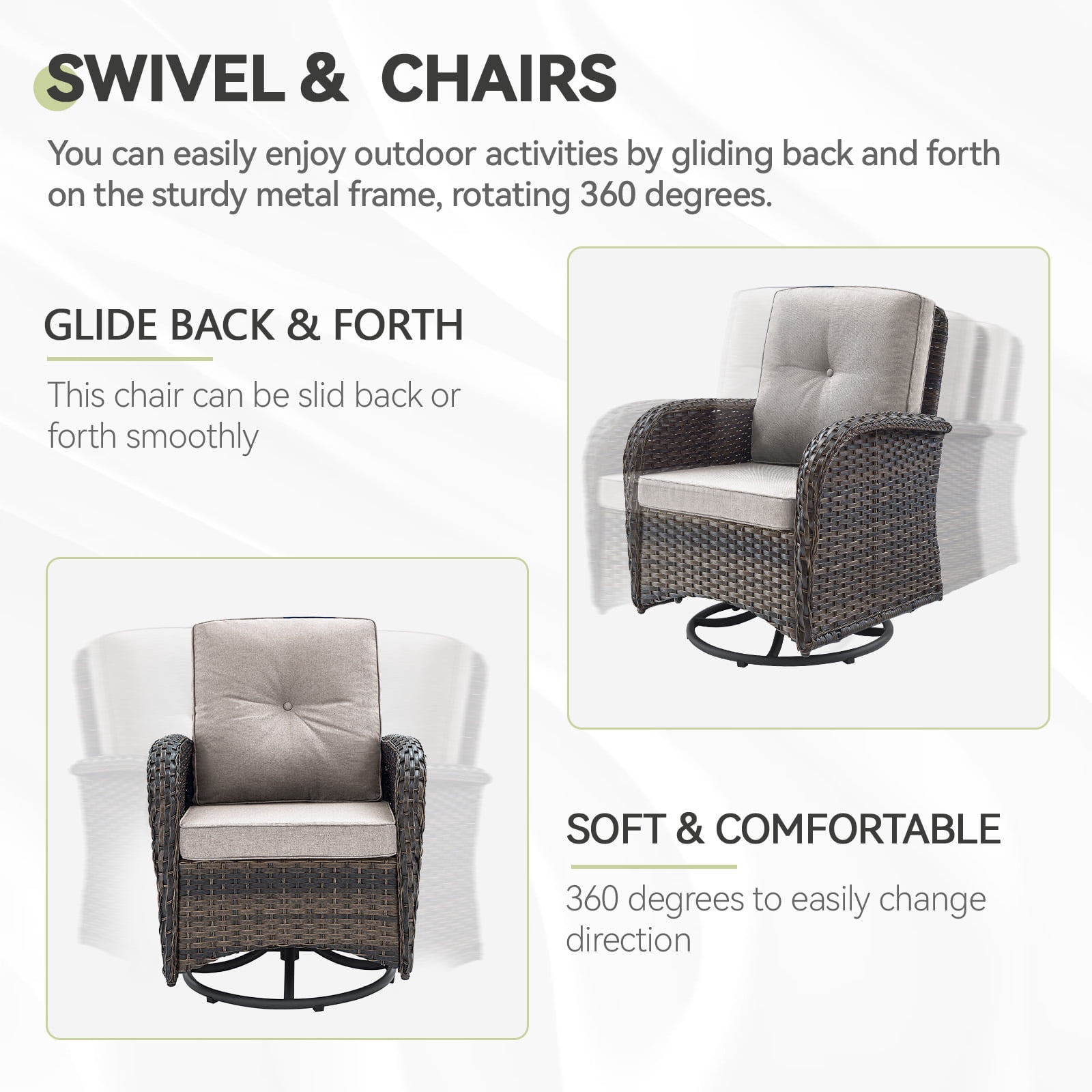 Planntonneo 3 Piece Wicker Patio Furniture Sets, Outdoor Swivel Rocking Chairs Set of 2 with Rattan Side Table for Deck Porch Pool, Brown/Beige