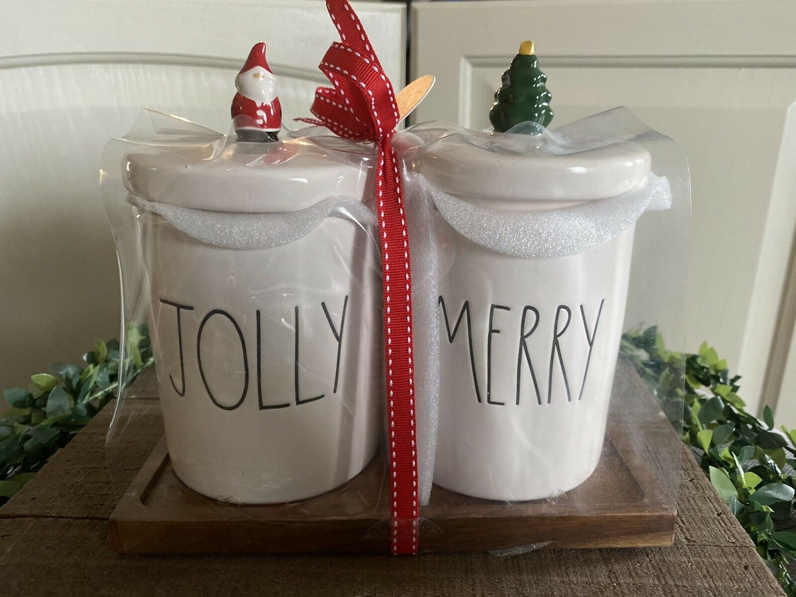 Rae Dunn JOLLY with Red Santa and MERRY with Green Christmas Trees