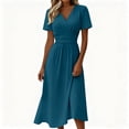 thumbnail image 3 of DYTTDG Women's V-Neck Wrap Waist Midi Dress | Short Sleeve Solid Color Casual A-Line Dress with Pockets, Summer Flowy Dress, 3 of 8