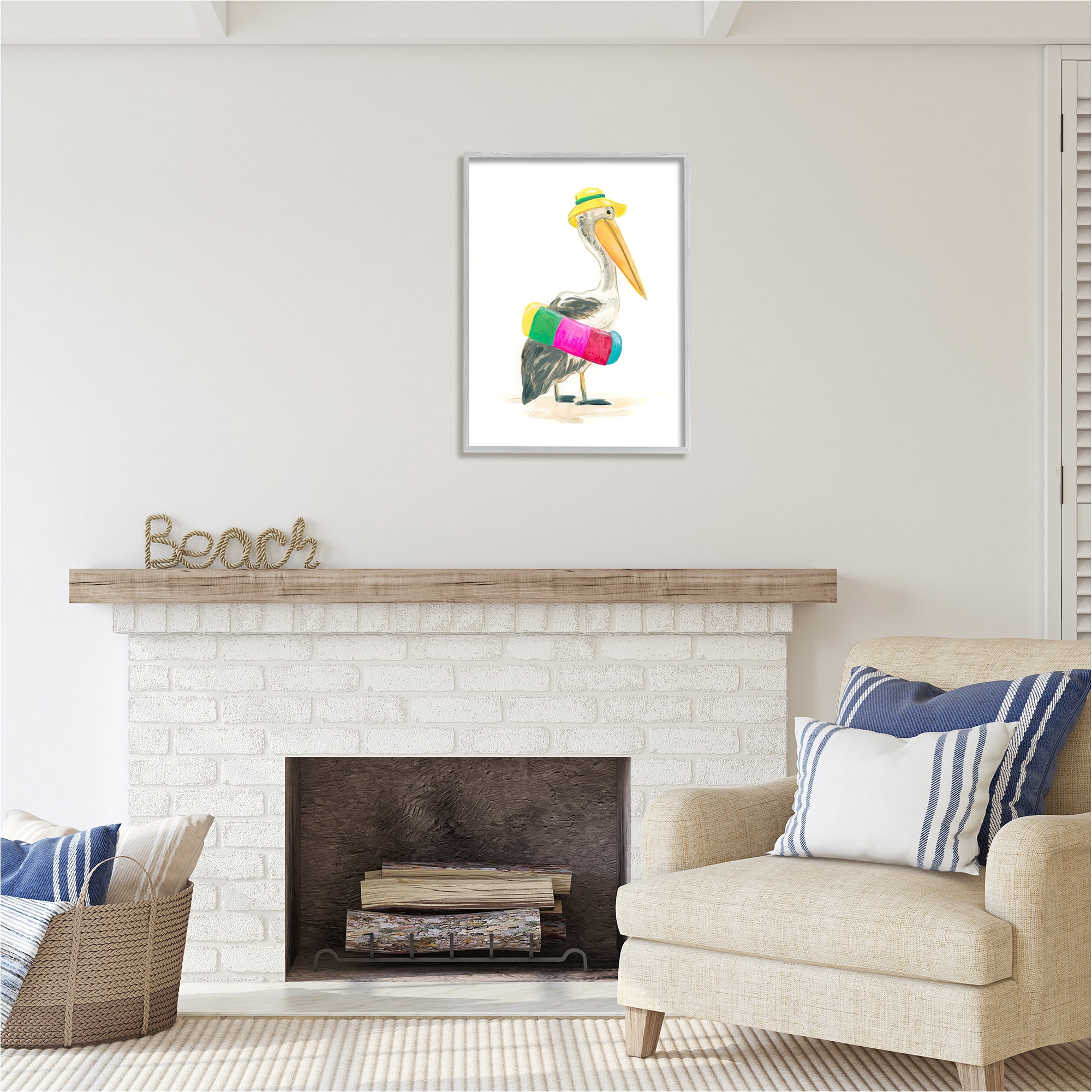 Stupell Industries Pelican & Beach Tube Animals & Insects Painting Gray Framed Art Print Wall Art, 24 x 30