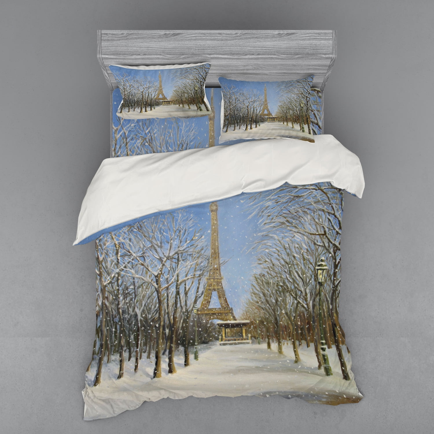 Country Duvet Cover Set Winter Scene Of Historical Eiffel Tower