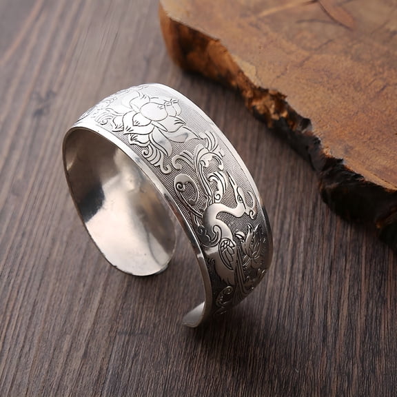 DESIGNICE Silver Bangle Bracelets for Women, Wide Floral Open Cuff Design