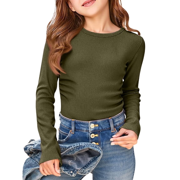 Dwellite Long Sleeve Shirts for Girls Fashion Crewneck Slim Fit Tops Ribbed Knit Casual Solid Color Tee Shirt Army Green 170