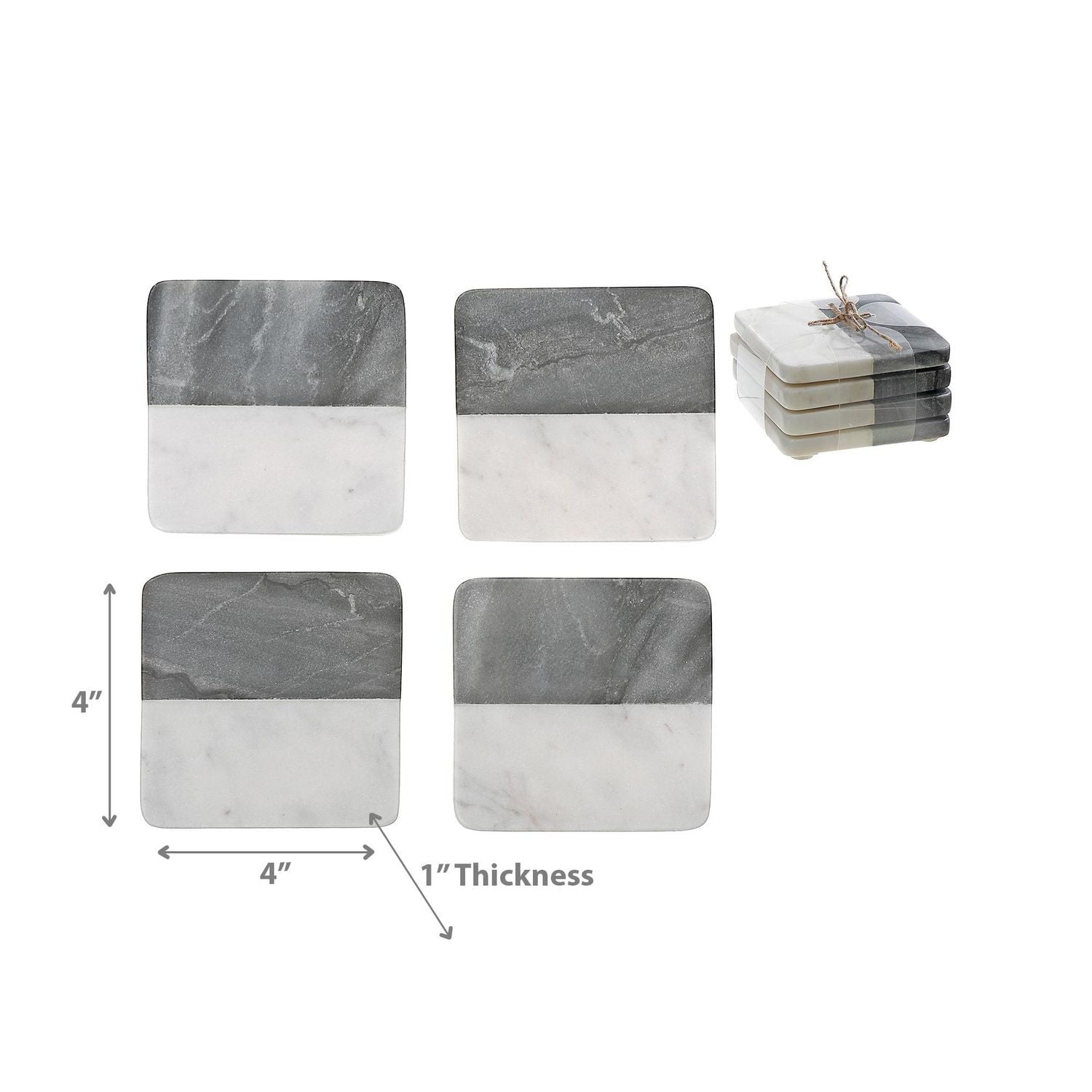 Dessous De Verre Carré En Marbre 2 Tons 4 Pièces 4 X 4" Noir Et Blanc