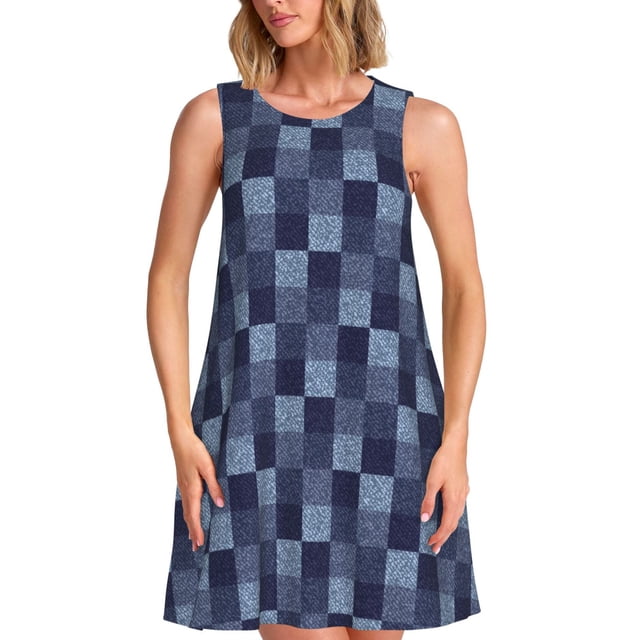 Fotbe Blue Gingham Buffalo Check Vestido de Verano sin Mangas para Mujer – Vestido Midi Línea A, Estilo Camiseta Floral, Vestido Playero Casual y Fluido