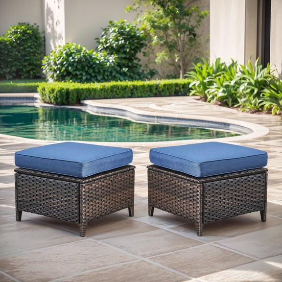 Giantfurnni 2 Peices Patio Rattan Ottomans, Outdoor Wicker Footrests with Cushions for Porch Backyard Deck
