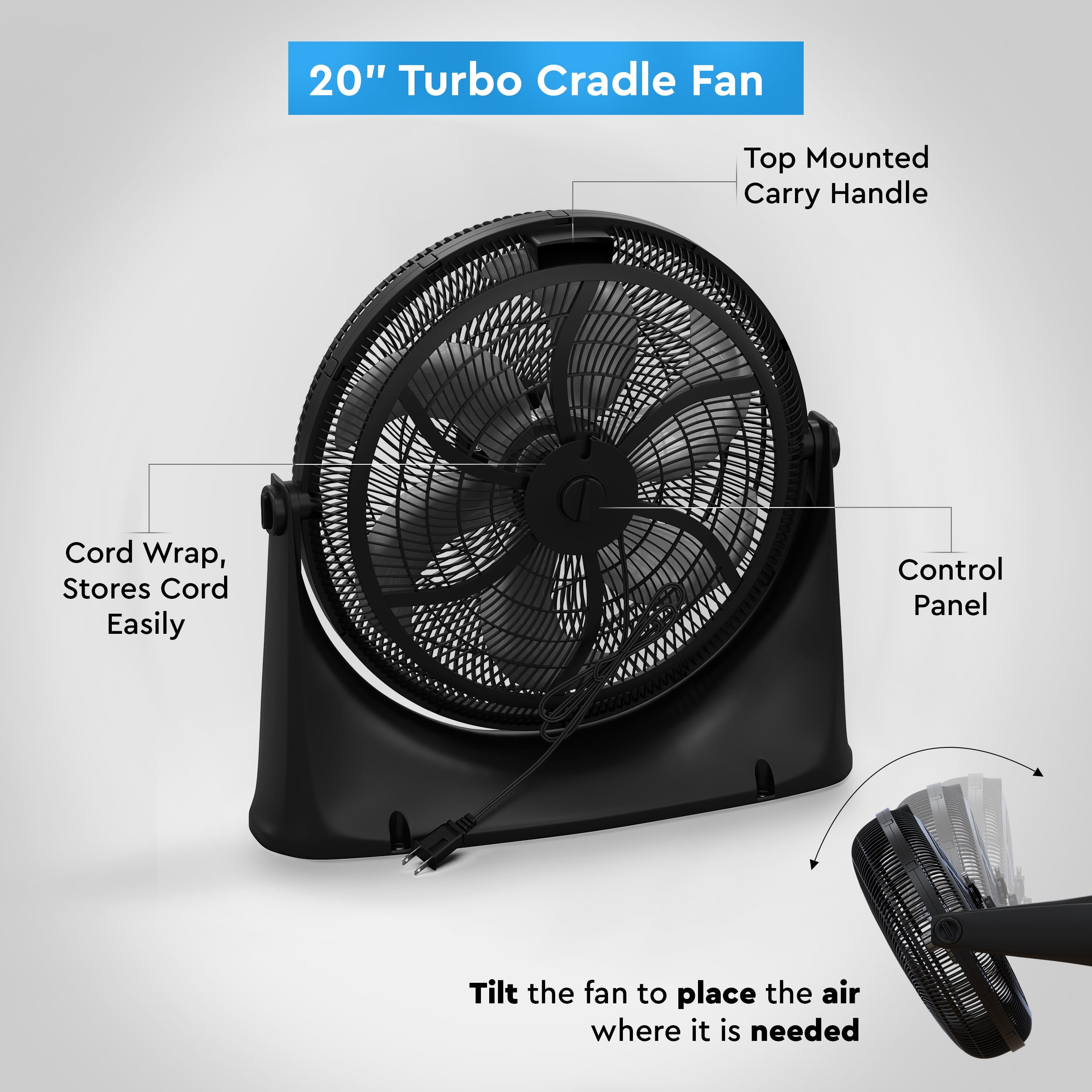 Comfort Zone 20" High Velocity Floor Fan with Wall-Mounting Capabilities, Black