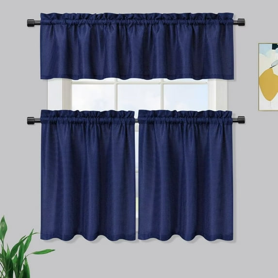 Haperlare 3 Pcs Kitchen Curtain and Valance Set 36 inch Length Waffle Weave Textured Blackout Bathroom Curtains Window Treatment, Navy Blue