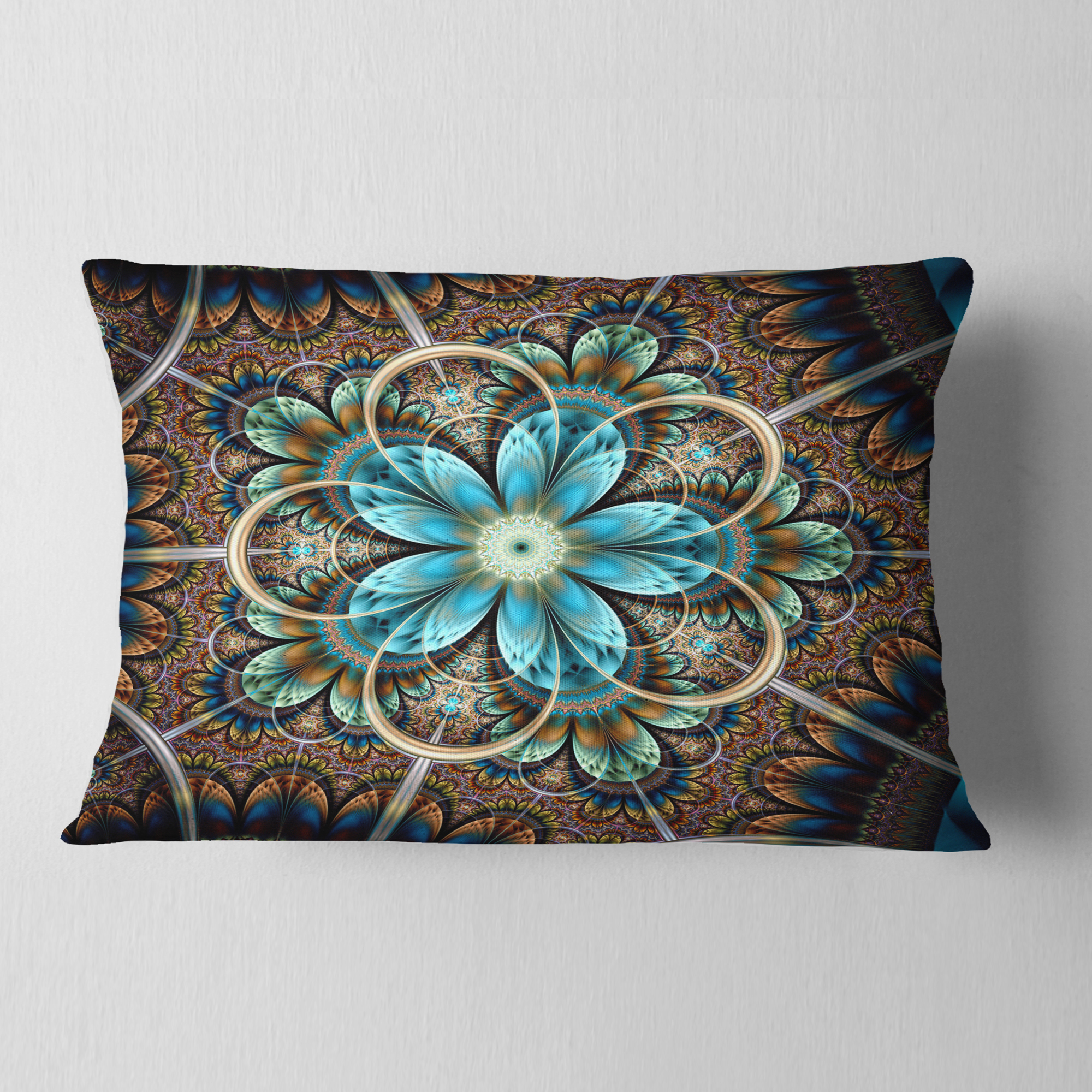 Designart Large Brown Blue Fractal Flower - Floral Throw Pillow - 12x20