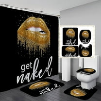 4PCS/Set Get Naked Shower Curtain set, White Letters Funny Quotes Simple Modern Luxury Bathroom Decor , Waterproof Fabric Black Bath Curtain, Non-slip Bath Rugs Toilet Mats, Glitter Sexy Gold Lips
