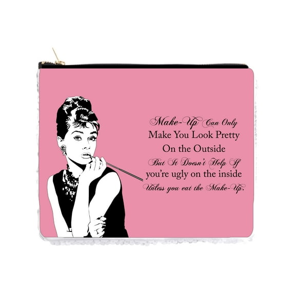 Audrey Hepburn Makeup Quote in Soft Pink - 2 Sided 6.5" x 8" White / Silver Two-Tone Magic Sequin Cosmetic Makeup Bag / Case